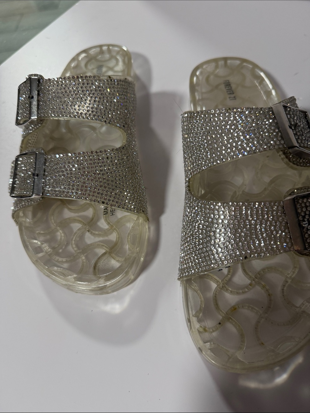 Forever 21 Crystal Embellished Double-Buckle Slide Sandal - Silver